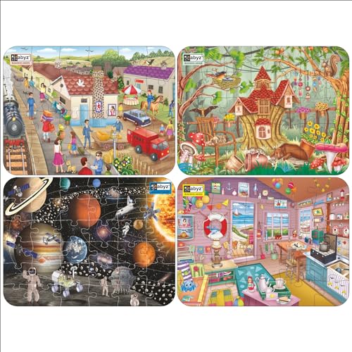 Image of ABYZ Wooden Jigsaw Railway Station,The Beach House, Sleepy Time, Space Puzzles 120pcs for Kids of Age 3-5 Years, Set of 4