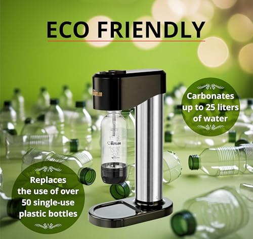 Image of Mr. Butler Instafizz Sodamaker - Jumbo Pack with 2 cylinders and 4 PET Bottles, Create Sparkling Water In Home Kitchen, Compact, Space Saving Design, Soda Beverage Carbonator, Silver & Black