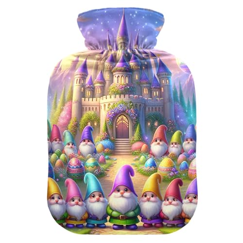 Easter Castle Gnomes Hot Water Bottles Hot or Cold Water Bottle with Soft Cover Hot Water Bag for Neck and Shoulder Pain Relief, 1 Liters