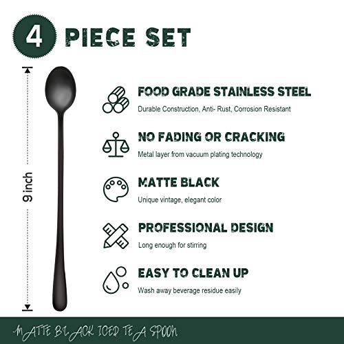 Hiware Matte Black 9-Inch Long Handle Iced Tea Spoon, Coffee Spoon, Ice Cream Spoon, Stainless Steel Cocktail Stirring Spoons, Set Of 4 #TOP1