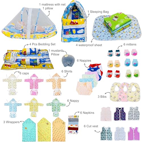 Image of Infantbond Baby All Season Use Hospital Essential Combo for New Born | Gift Pack | Baby Products | Maternity Essentials | Bedding Set (60 Items)(0-6 Months) (Blue Fox 59)(Colours May Vary)