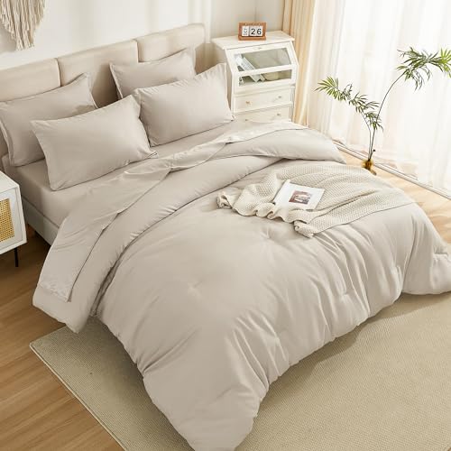 Litanika Comforter California King Size Set Tannish Grey - 7 Pieces Bed in a Bag California King Bedding Comforter Sets, Plain Lightweight Bed Set with Comforter, Sheets, Pillowcases & Shams