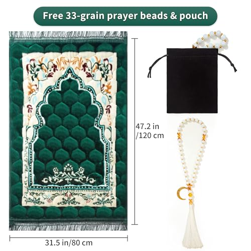 Muslim Prayer Rug with Tasbih Prayer Beads, Soft Large Prayer Matt Islam, Padded Islamic Prayer Mat Thick for Men and Women, Janamaz, Sajadah (31.5" x 47.2", Green)