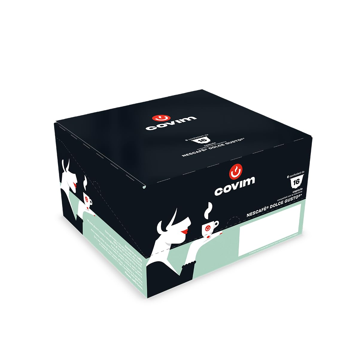 Covim Caffè - Capsule di Caffè Decaffeinato, 96 Capsule Monodose (6x16 pz), Intensità 6, Compatibili con Nescafè Dolce Gusto, Espresso Dolce e Cremoso con Aromi di Cereali e Malto
