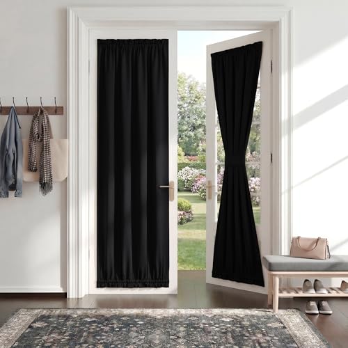 PONY DANCE Blackout Curtain for French Door - Thermal Insulated Window Shade with Tieback, Privacy Panel for Sidelight or Front Door, W25 x L80 Inches, Black, 1 Panel
