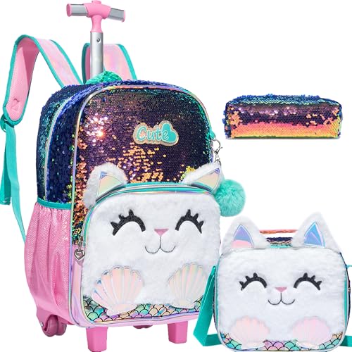 Mochila com rodas para meninas Mochilas com rodas para meninas Mochilas com lancheira para alunos do ensino fundamental (Gato)