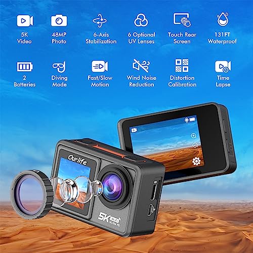 Ourlife-Action-Camera-5K-30FPS-Ultra-HD-Waterproof-Camera-with-Gyro-Stabilization-48MP-Photos-Front-LCD-and-Touch-Rear-Screen-2-Batteries-FastSlow-Motion-Video-Wind-Noise-Reduction-Diving-Mode