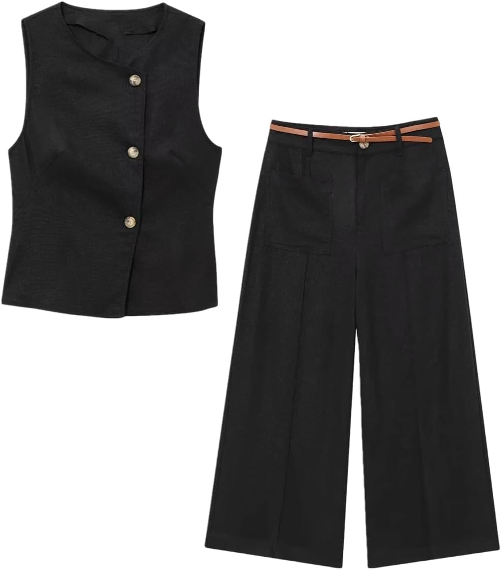 Womens Two Piece Vest and Pant Suit Single Breasted Waistcoat High Waist Wide Leg Trousers