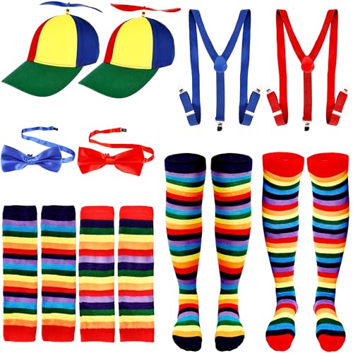 10 Pcs Propeller Hat Halloween Rainbow Clown Hat Costume Adjustable Y Back Suspender Bow Tie Stripes Knee Sock and Long Gloves for Adult Men Women