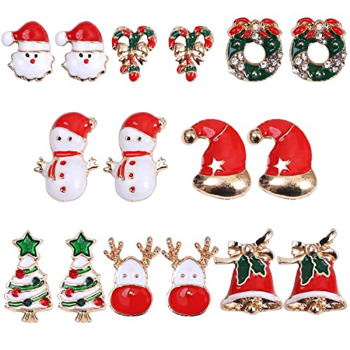 Aneco 8 Paare Weihnachten Frauen Stud Ohrringe Teens Mädchen Nette Weihnachten Stud Ohrringe mit roter Samt Aufbewahrungstasche für Weihnachtsfeier Festliche und Weihnachtsgeschenke (Stil B) Cover