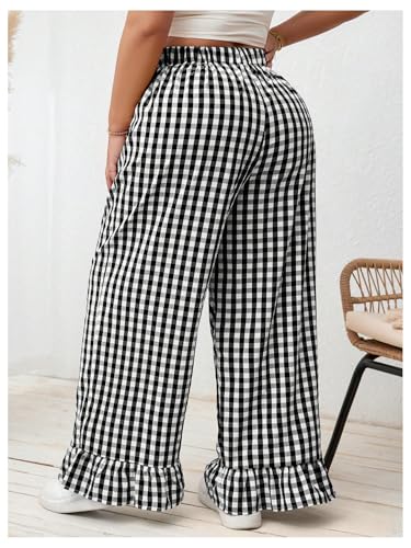 Verdusa Women's Plus Size Gingham Checkered Pants Elastic High Waisted Ruffle Hem Trousers2