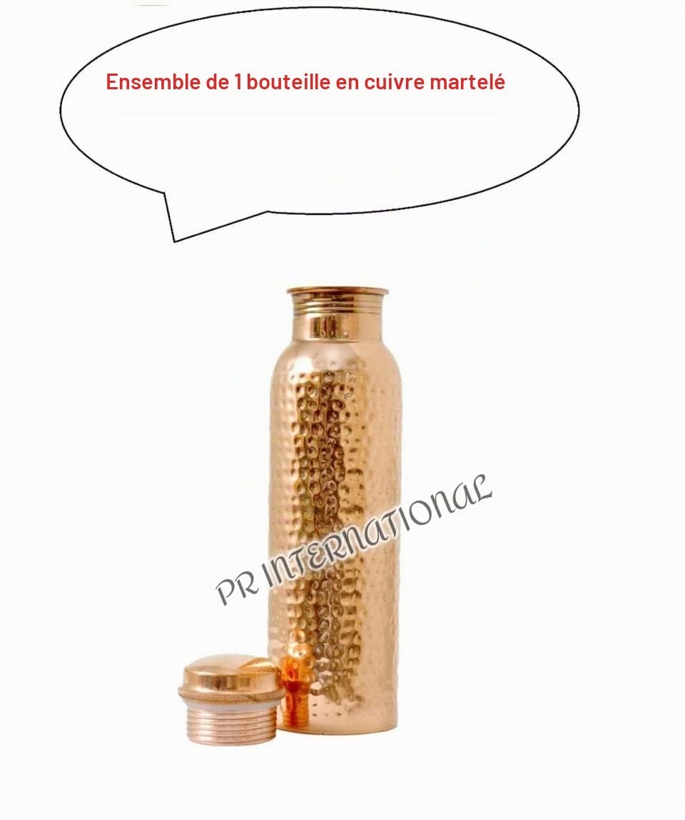 Bouteille d'eau en cuivre pur martelé avec couvercle 900 ml