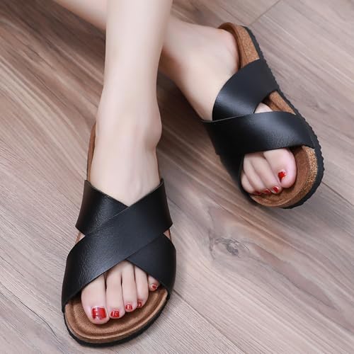 Image of Sandals Women Wide Width, Cork Footbed Arch Support Summer Beach Slide Sandals, Adjustable Strap for Wide Feet