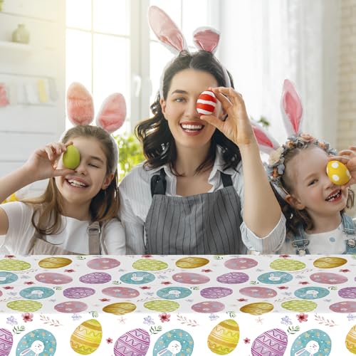 2pcs Easter Table Cloth Party Plastic Easter Bunny Tablecloths,137 * 274cm Large Waterproof Rabbit Egg Tablecloth Tablecover Rectangle Easter Party Tablecloth for Spring Easter Party Decor
