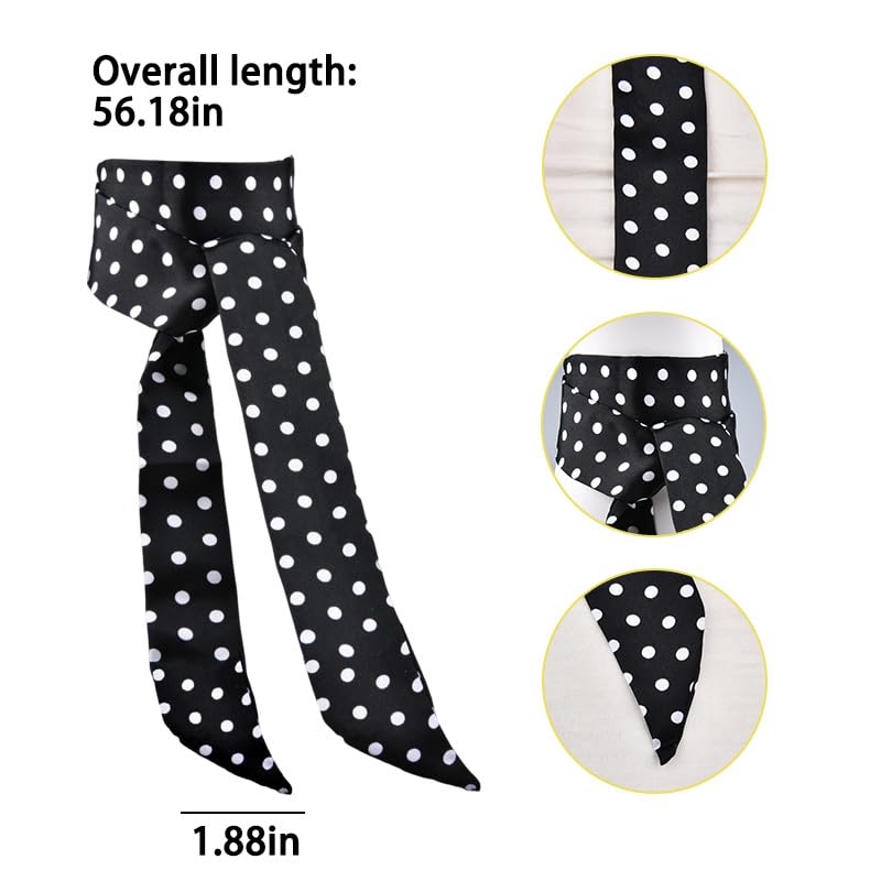 Black Polka Dot Skinny Scarf for Women Summer Silk Neck Scarf Long Skinny Hair for Women Black And White Polka for Hair Ribbon Summer Head Dot Neckerchief4