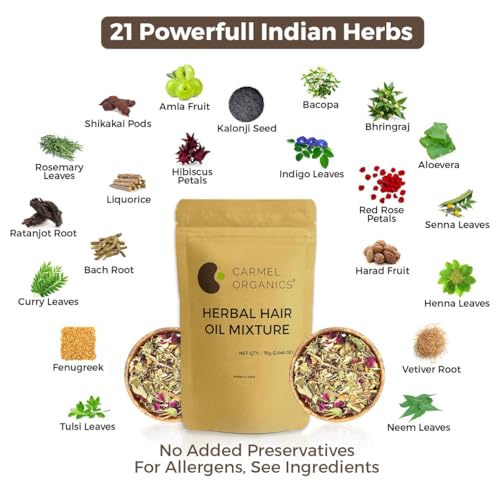 Image of CARMEL ORGANICS Herbal Hair Oil Mixture - 75gm (Pack of 2) | Blend of 21 Nourishing Herbs for Your Healthy Hair | No Added Preservatives & Additives, Non GMO