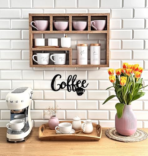 Image of Hamdan Collection Wall Mounted Mug Shelf - Coffee Cup Storage - Kitchen Wall Rack - Floating Cup Organizer - Rustic Coffee Bar Shelf (5 Comp)