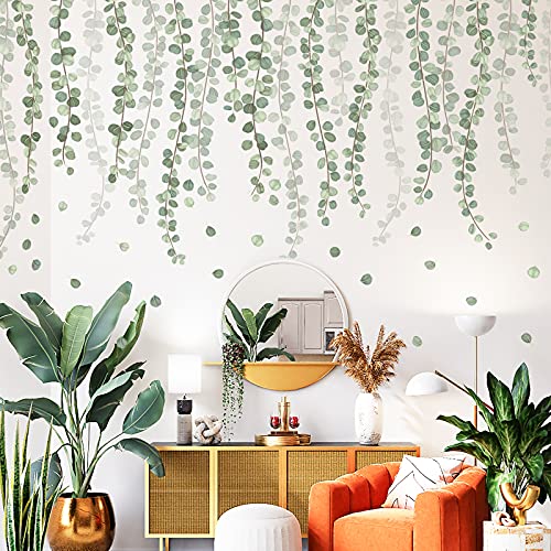 Hanging Tree Vine String of Pearls Vine Leaves Wall Stickers, ULENDIS 3D Watercolor Green Plants Wall Decals Peel and Stick Removable, DIY Wall Art Bedroom Decor for Teen Girls Boysâ€¦