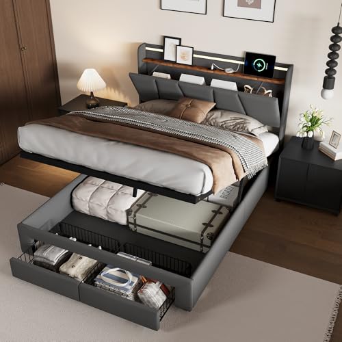 Boxspringbett 160x200 cm mit LED USB, Polsterbett mit Stauraum und Lattenrost Doppelbett Gepolstertes mit 2 Schubladen Bettgestell 160x200 cm mit...