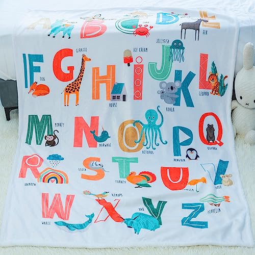 Image of ABC Blanket Alphabet Throw Blanket Alphabets Printed Blankets Soft Flannel Throw White Cute Cartoon Animals Blanket Zoo Alphabet Gifts for Boys Girls (Animals, 50"x60")