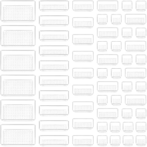 Vtopmart 60 PCS Drawer Organizer, 4-Size Clear Plastic Drawer Organizer Bins Containers for Bathroom and Vanity Storage, Home Organization for Makeup, Kitchen Utensils Cover