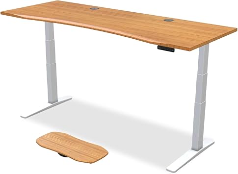 UPLIFT DESK Bamboo Curve 80 x 30 inch Standing Desk 2-Leg V3 Adjustable Stand Up C-Frame White, Advanced Keypad, Wire Grommets, Wire Tray, Rocker Board