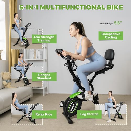 Image of Caromix Folding Exercise Bike, 5 in 1 Stationary Bike with 16-Level Adjustable Magnetic Resistance, 330LB Capacity Indoor Workout Bike, Foldable Exercise Bike for Seniors and Adult