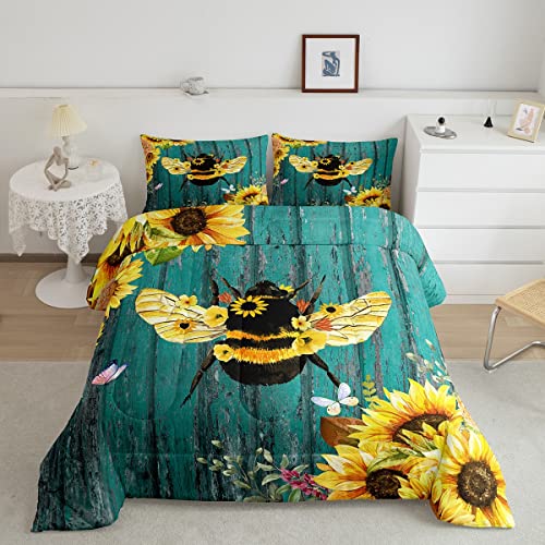 Image of Feelyou Sunflower Comforter Bee Floral Print Comforter Set for Kids Boys Girls Yellow Flowers Bedding Set Wooden Texture Duvet Set 1 Comforter Set with 2 Pillowcases King Size Boys
