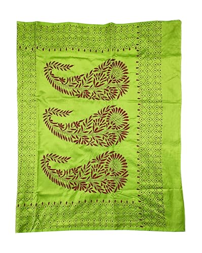Image of SHRISTI CLOTHINGS Women's Hand Embroidered Cotton Silk Kantha Stitch Saree with Blouse Piece (SB430324 LIGHTGREEND19)