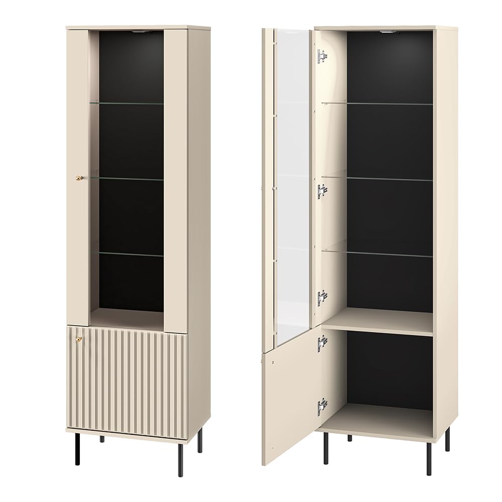 Lomadox Wohnzimmer Set in Kaschmir matt modern 6-teilig mit goldfarbenen Griffen, gerillter Optik, Softclose-Funktion mit TV-Board, Kleiderschrank, Vitrine, Wandboard, Sideboard, Vitrinenschrank
