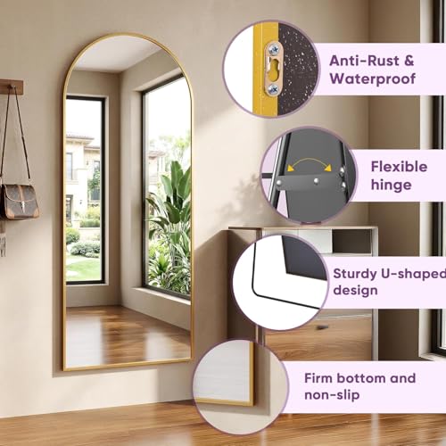 Image of Full Length Mirror, 71 inchx27 inch Arched Floor Mirror Freestanding, Floor Standing Full Body Mirror with Stand for Bedroom, Hanging Mounted for Living Room Cloakroom, Gold