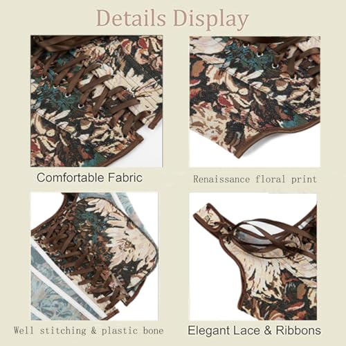 Renaissance Floral Corset Tops for Women - Vintage Lace Up Bustier Overbust Lingerie Going-Out Tops4