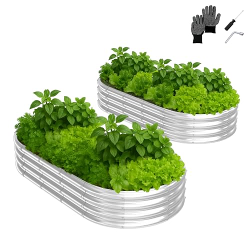 LEADZM Hochbeet Metall 180x90x30 cm (2er-Set) - Extragroße Ovaler hochbeete für Garten Metall ohne Sockel - Mit Zubehörsatz & Handschuhen - Leicht aufzubauen, wetterfest & langlebig, Silber