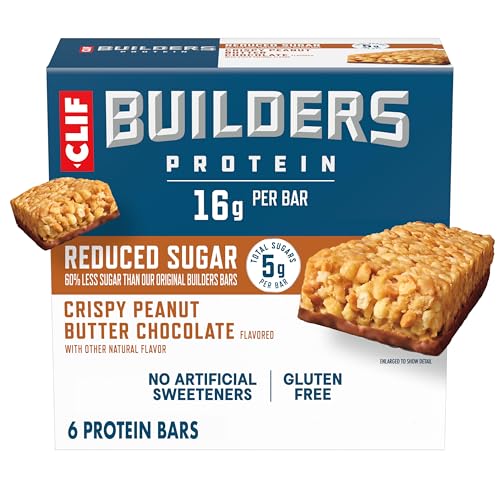CLIF BUILDERS Protein Bars - Crispy Peanut Butter Chocolate Flavored - Reduced Sugar - Gluten Free - 16g Protein - No Artificial Sweeteners - 1.97 oz. (6 Pack)