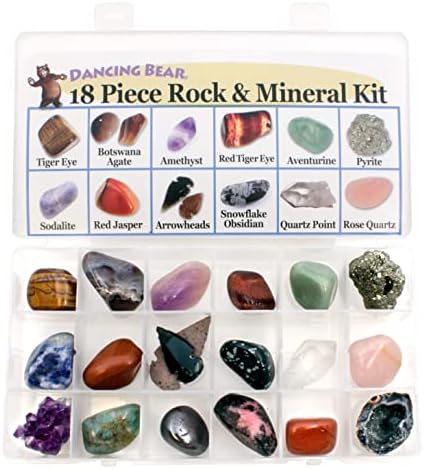 Rock and Mineral Educational Collection & Deluxe Collection Box -18 Pieces with Description Sheet and Educational Information. Limited Edition, Geology Gem Kit for Kids with Display Case, Dancing Bear