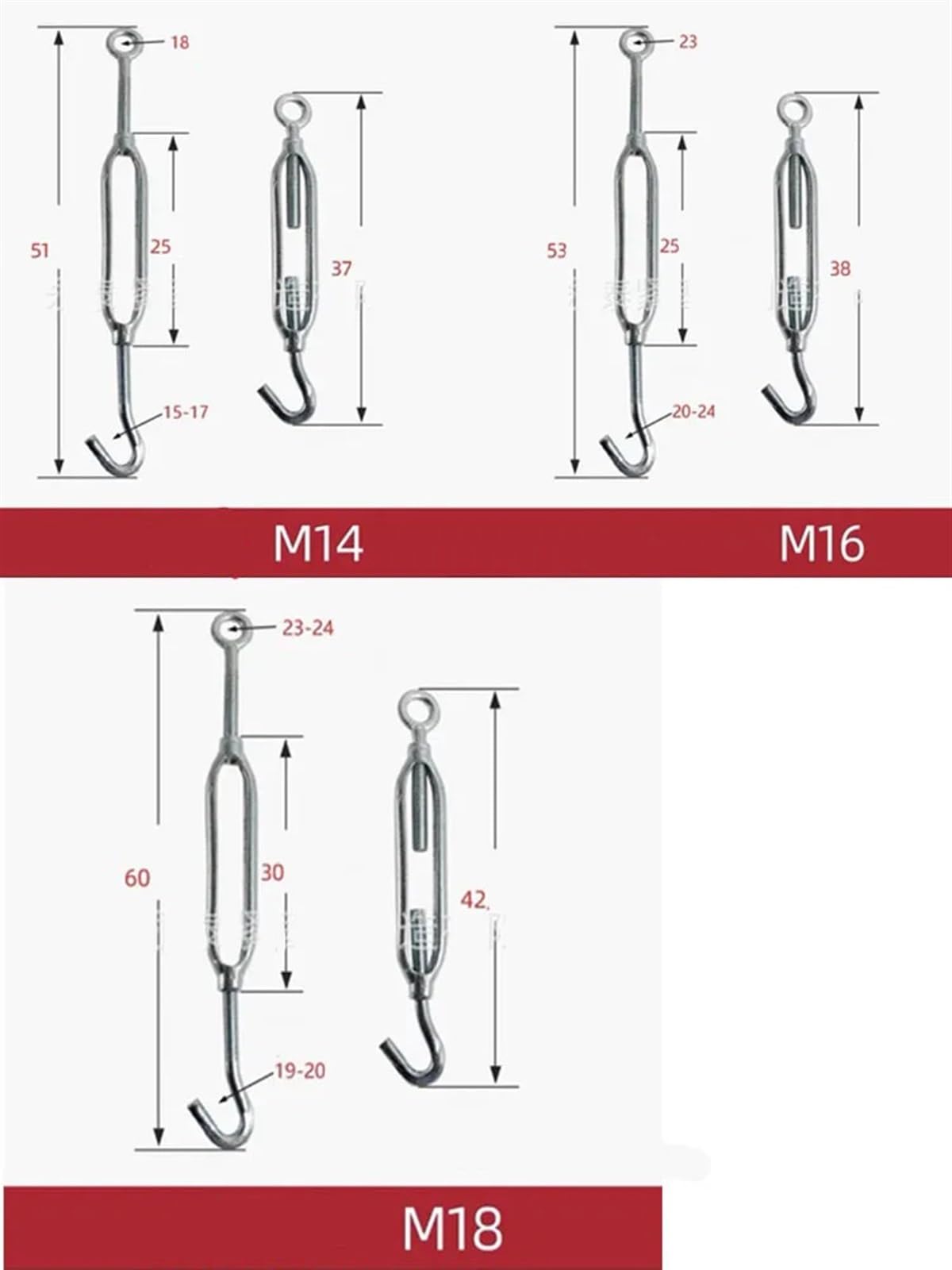 Tensor de Alambre de Tensor, 1 Tensor de Cable de Acero con Gancho y Ojo M6 a M18(M16)