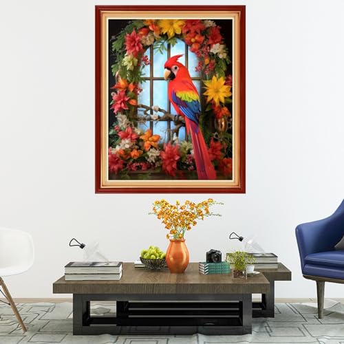 Image of Dooxvey Cross Stitch Kits for Adults Stamped Full Range of Embroidery Starter Kits for Beginners 11CT Printed Cross Stitch Patterns Needlepoint Kits Stamped Crossstitch-Wreath Parrot 16x20 inch