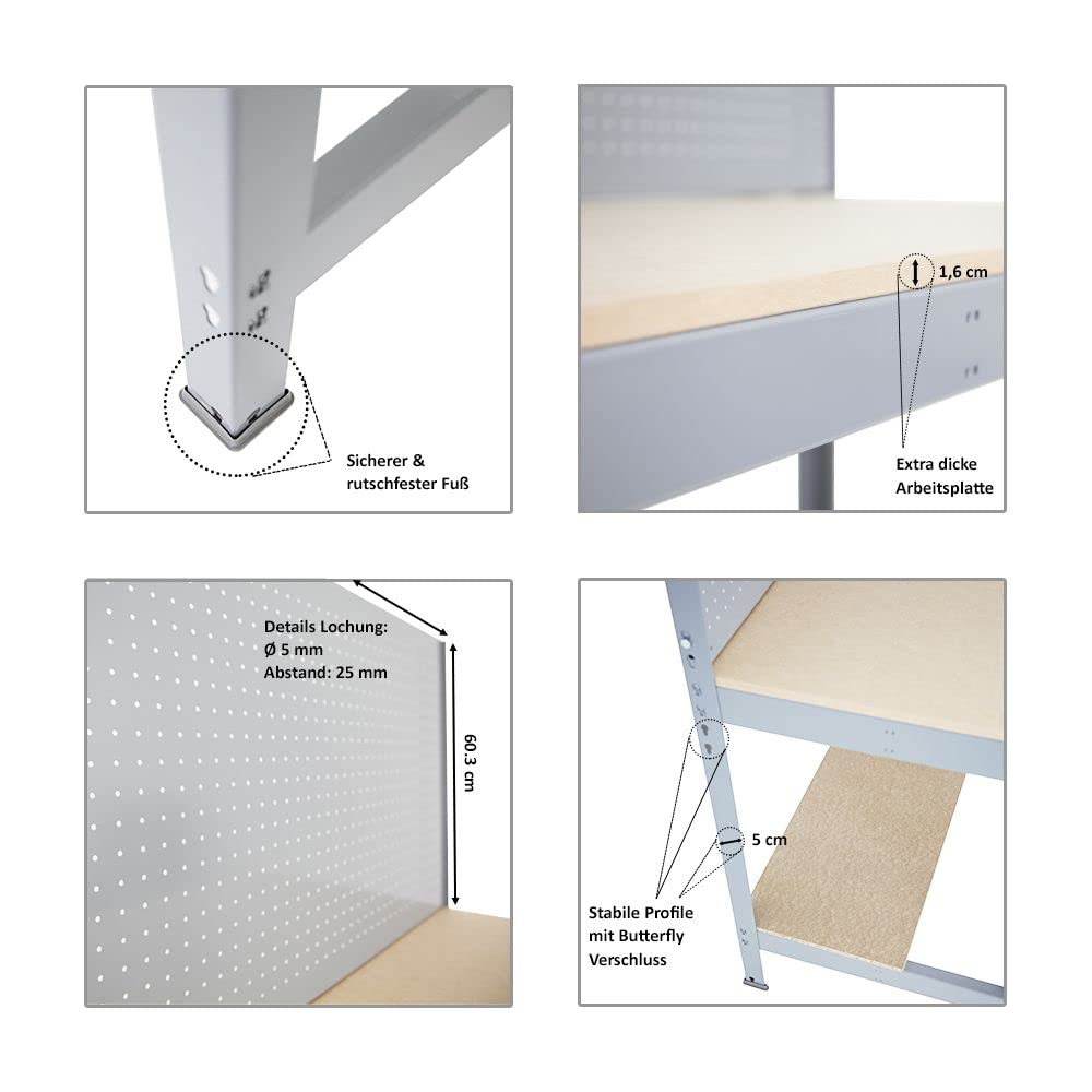 Proregal Werkbank Quick-Buffalo mit Werkzeugwand + Zubehör Gamma | HxBxT 84x120x61cm | Traglast 600kg |Grau