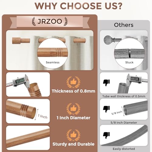 Wood Curtain Rods, 1'' Decorative Adjustable Rustic Farmhouse Drapery Rod, Heavy Duty Boho Curtain Pole for Windows 28 to 48 Inch with Imitation Wooden Grain Finials, (Light Wood/Unique Design)
