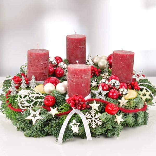 Frischer Premium-Adventskranz X-Mas in Rot-Silber, handgebundener...