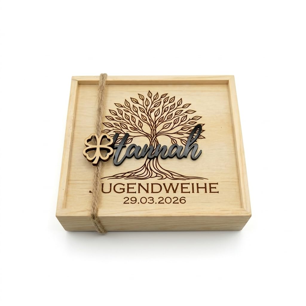 Yuweli Jugendweihe Geschenk Holzbox personalisiert mit Name und Datum zur Jugendweihe, Geldgeschenk Box mit Lasergravur, Jugendweihegeschenk aus Kiefernholz mit Acryl Schrift HB