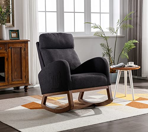 Image of KINFFICT Comfy Rocking Chair, Upholstered Accent Glider Rocker for Baby Nursery or Relaxation, Living Room Armchair with High Back and Headrest, Modern Rocking Glider with Side Pocket, Black