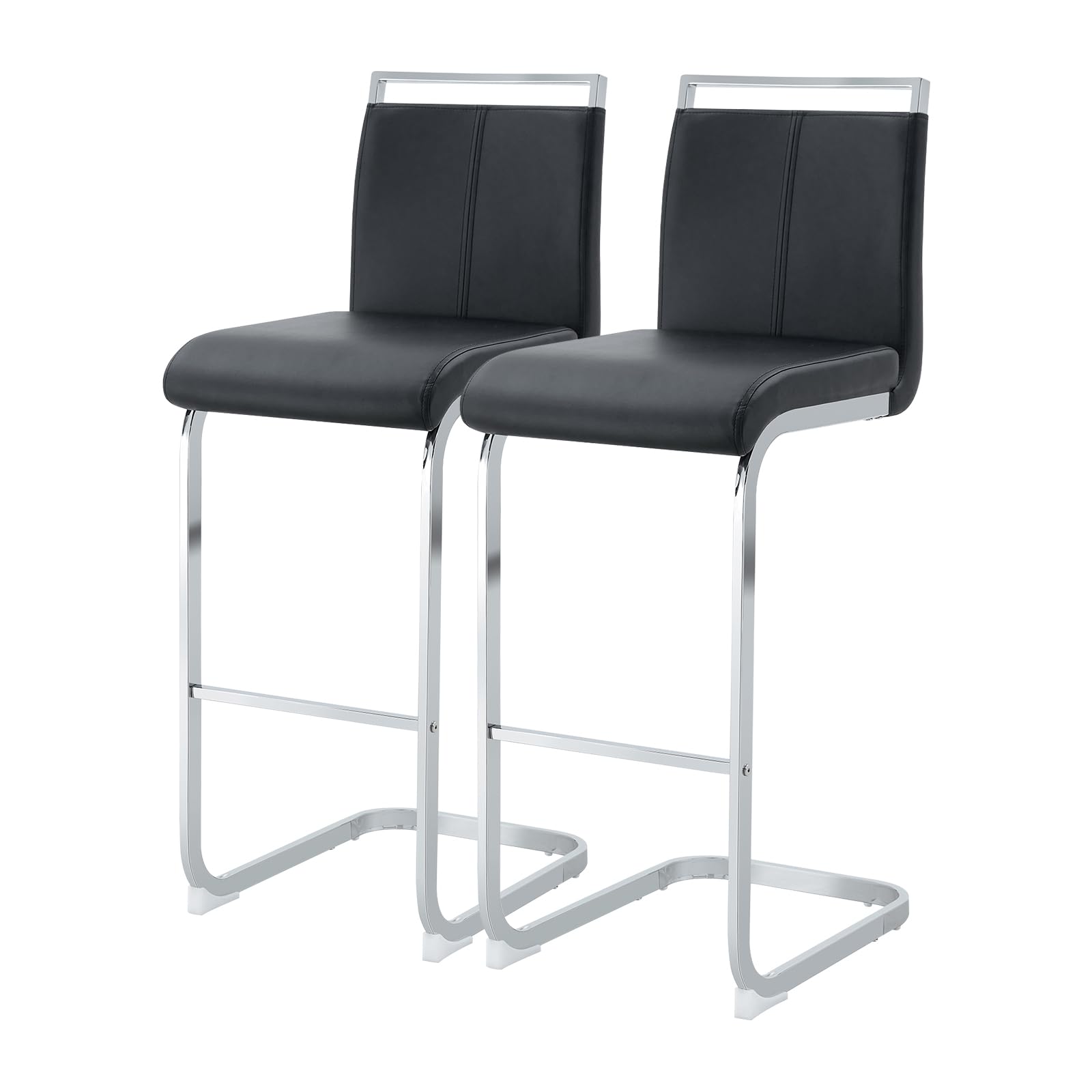 30'' Counter Height Bar Stools Set of 2, Modern Upholstered PU Leather BarStools with Back Chrome Plated Metal Frame, 30 inch Armless Bar Chairs for Kitchen Island (Black+Silver, Set of 2)