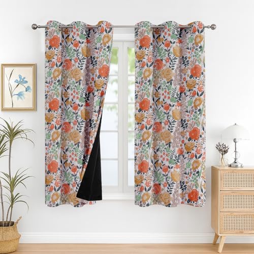 Image of Cloth Fusion Printed 100% Blackout Window Curtains 5 Feet Long Set of 2, Room Darkening Parda with Stainless Steel Grommets for Home Decor (5x4.5 Feet, White Roses)