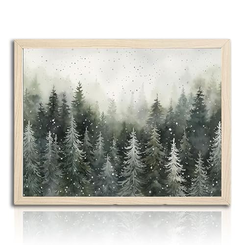 Framed Green Pine Forest Wall Art pine tree Canvas Print forest Snow Scene Poster Picture Home Wall Winter Nature Gallery Artwork Painting 12x16 Inch Ready to Hang