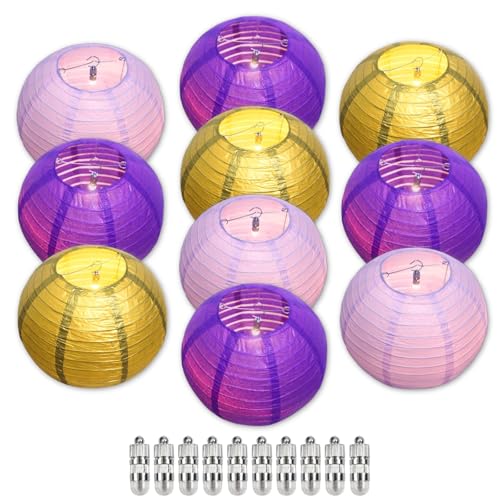 Image of Purple Chinese Paper Lanterns with LED Lights, 10-Pack 12inch | Hanging Lights for Mardi Gras, Graduation, Birthday Decorations, Ceiling Decor, Home Party & Baby Shower