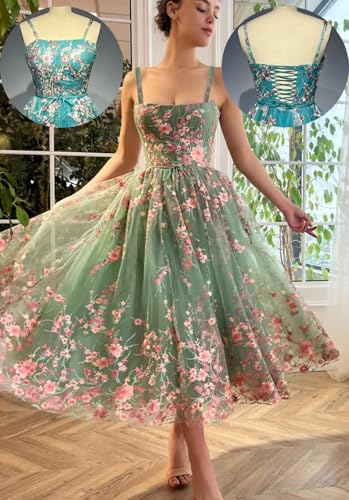 Ftupza Embroidered Tulle Prom Dresses with Pockets Lace Tea Length Formal Dresses A-line Strapless Evening Gowns3