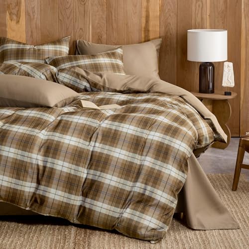 Image of Wake In Cloud - Plaid Comforter Set, Scottish Tartan Check Geometric Modern Pattern Printed, Soft Lightweight Bedding, 3 Pieces, Brown, Full Size