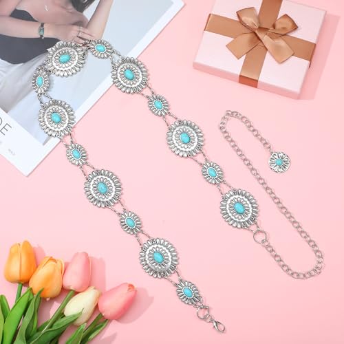 Prasacco Turquoise Belt for Women Western Belt Metal Concho Belts Western Chain Cowgirl Belts for Dresses Jeans Country Concert Outfit4