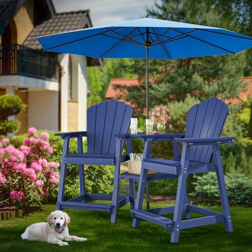 PatioPerk Tall Adirondack Chair Set of 2 with Double Connecting Tray, Recycled HDPE with Wood Grain, Weather Resistant, Outdoor Adirondack Chairs for Deck, Balcony, Patio, Backyard, Navy Blue